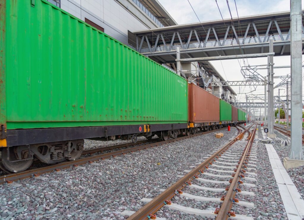 Train or tram on railway in urban city in public transportation. Vehicle